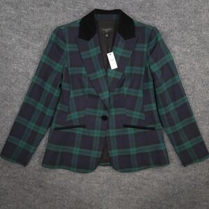 Talbots Blazer Womens 0P Black Watch Plaid Wool Blend Velvet Trim Peak Lapel NEW